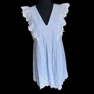 NWT LOFT Striped Eyelet Button Ruffle Swing Dress Blue White Women's S 586651